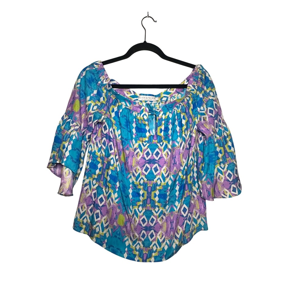 Alice & Trixie Silk Blouse Blue Purple‎ Geometric Bell Sleeve Top  Womens L